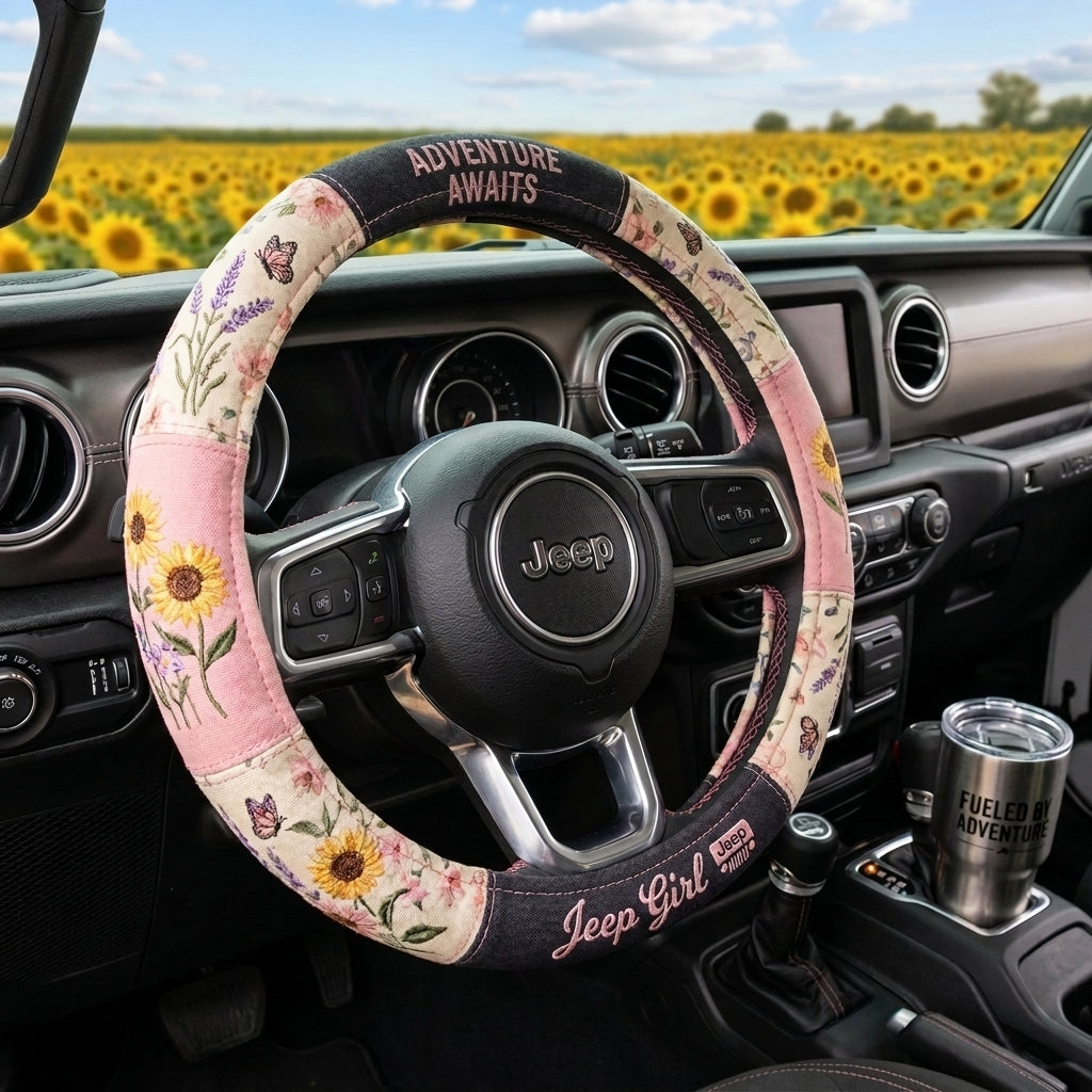 Sunflower Jeep Girl  Floral Boho Steering Wheel Cover