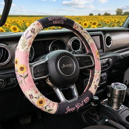 Sunflower Jeep Girl  Floral Boho Steering Wheel Cover