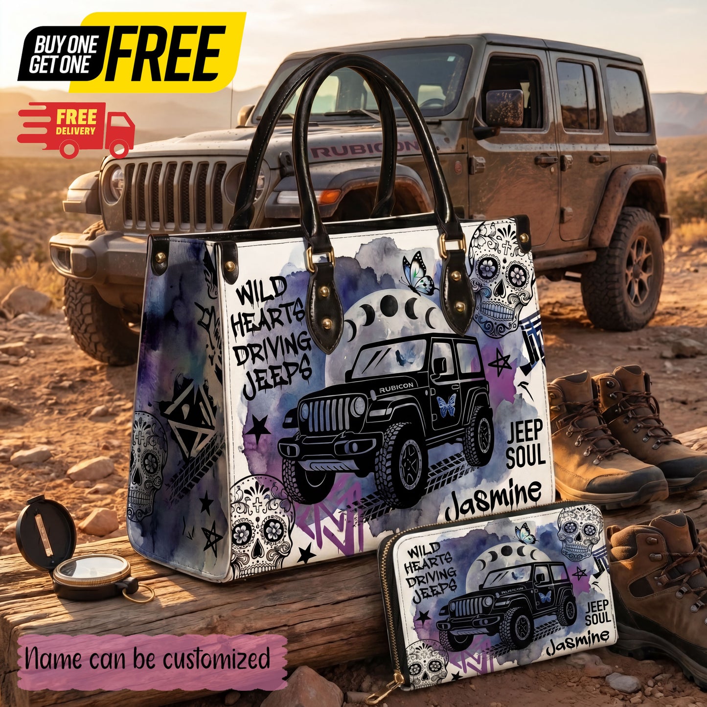 Wild Hearts Driving Jeep Personalized Leather Bag + Free Wallet