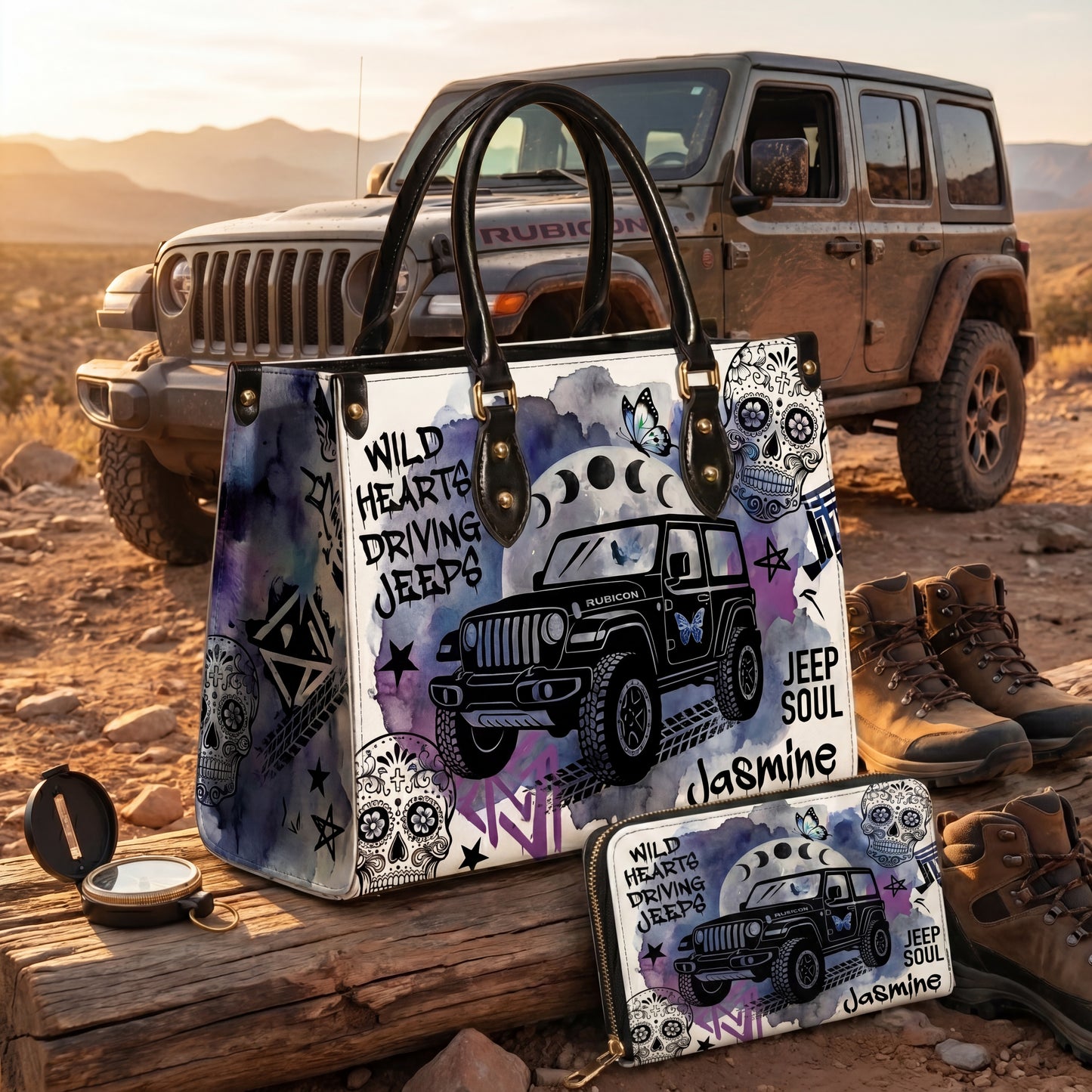 Wild Hearts Driving Jeep Personalized Leather Bag + Free Wallet