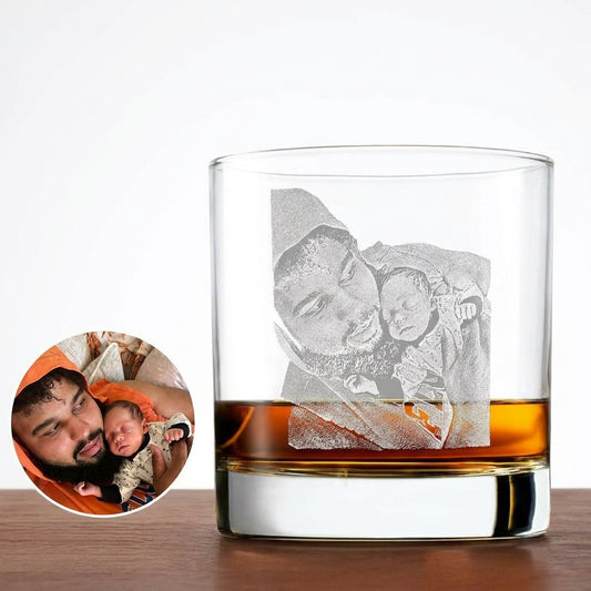 Engraved Whiskey Glass with Custom Photo & Handwriting 11OZ Round Whiskey Glass-Print Side and Bottom