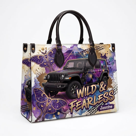 Wild & Fearless Purple Butterfly Jeep Personalized Leather Bag + FREE Wallet