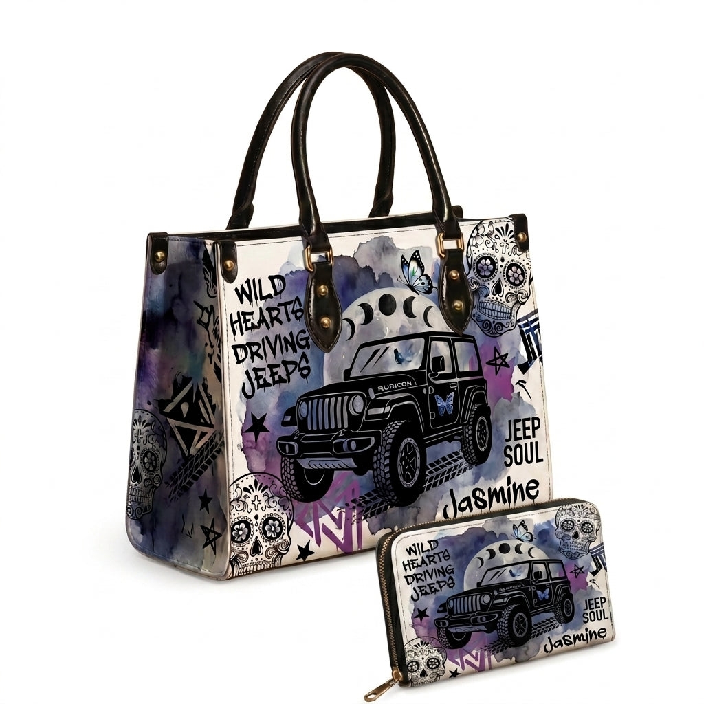 Wild Hearts Driving Jeep Personalized Leather Bag + Free Wallet