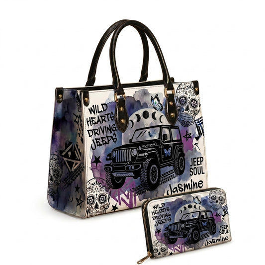 Wild Hearts Driving Jeep Personalized Leather Bag + Free Wallet