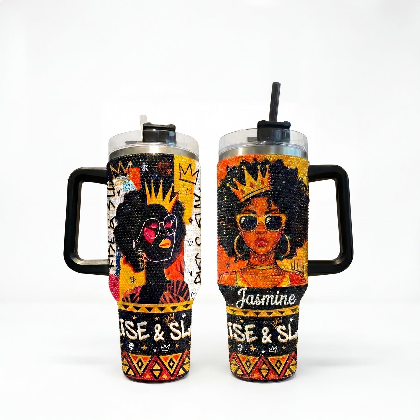 Rise And Slay Personalized Rhinestone Tumbler With Handle