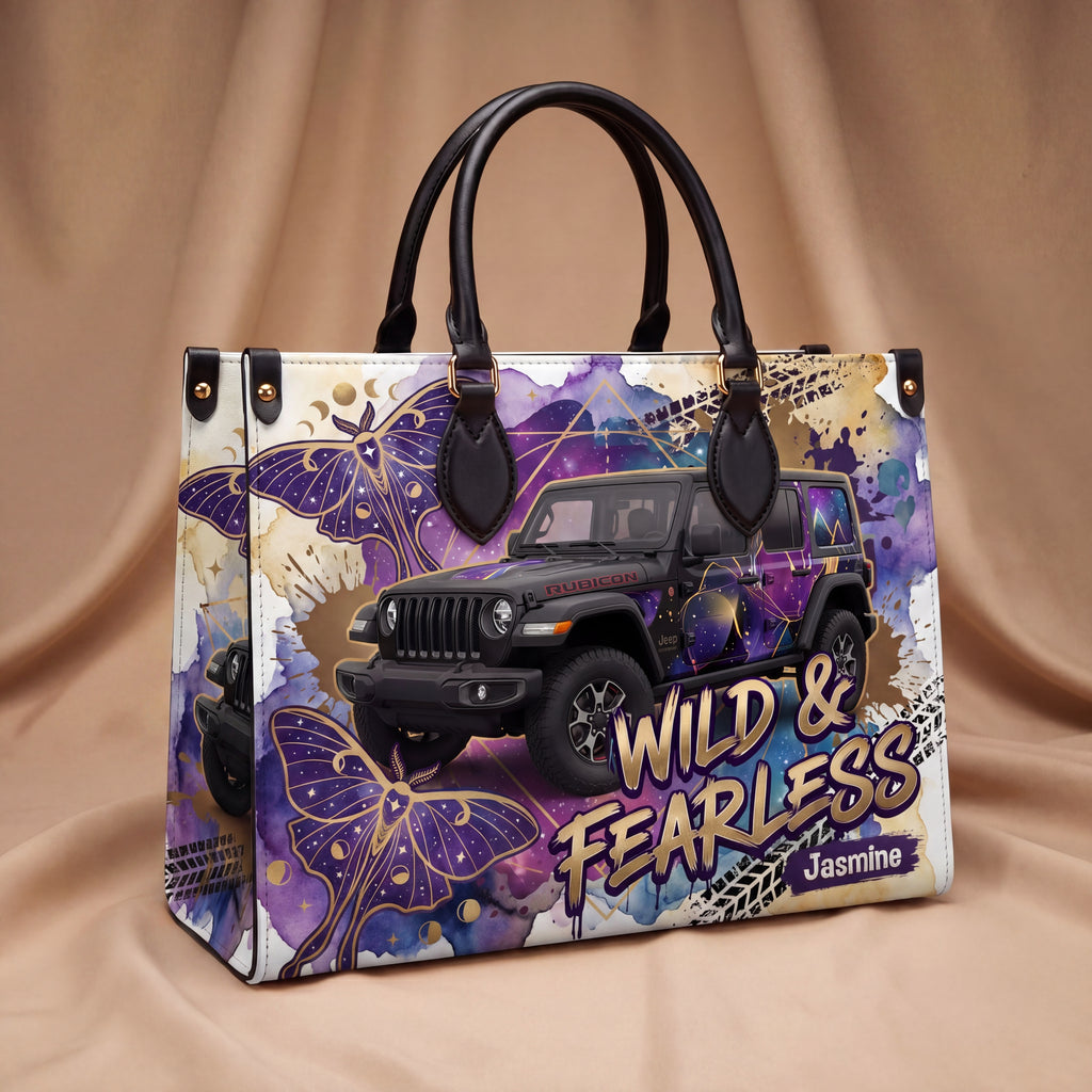 Wild & Fearless Purple Butterfly Jeep Personalized Leather Bag + FREE Wallet