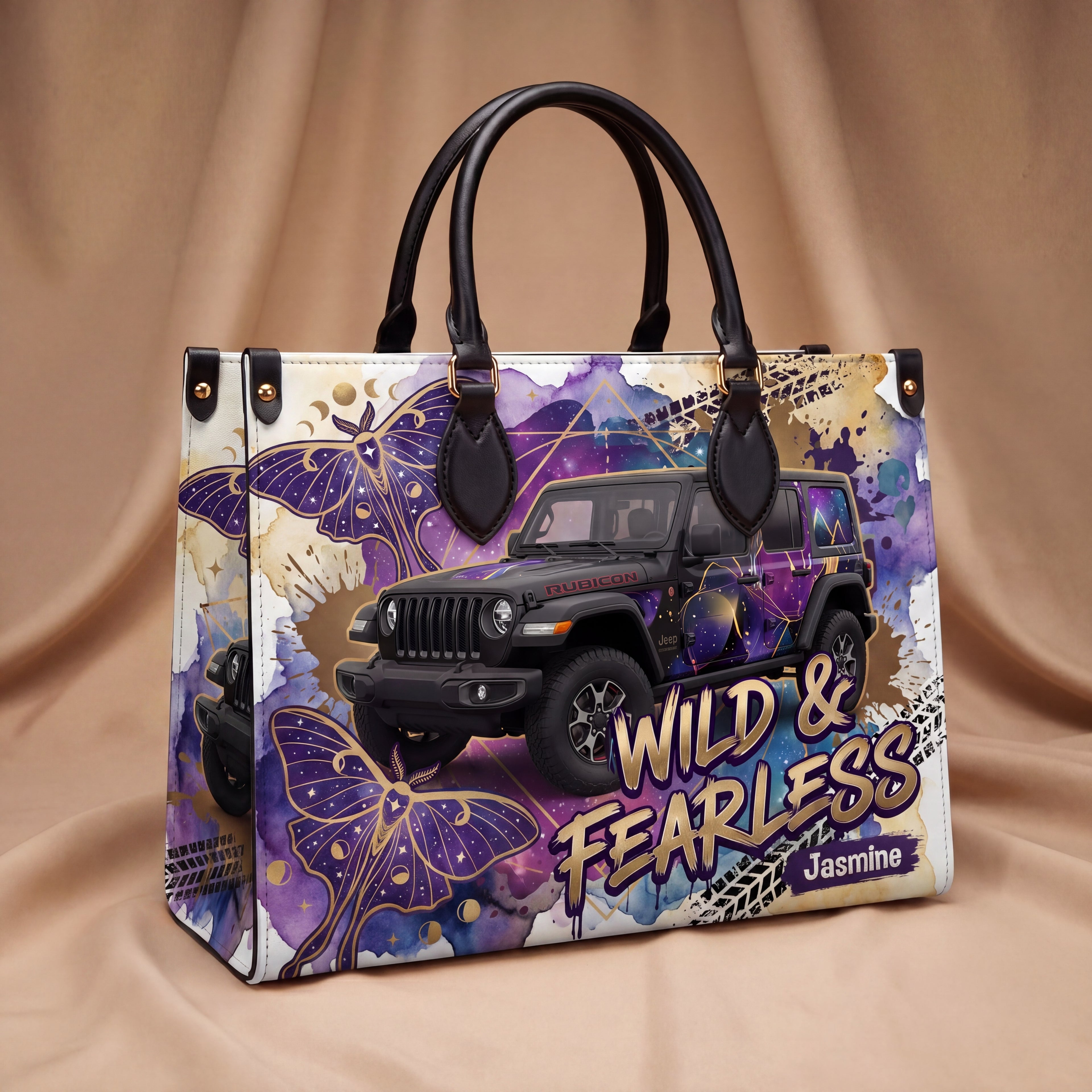 Wild & Fearless Purple Butterfly Jeep Personalized Leather Bag + FREE Wallet