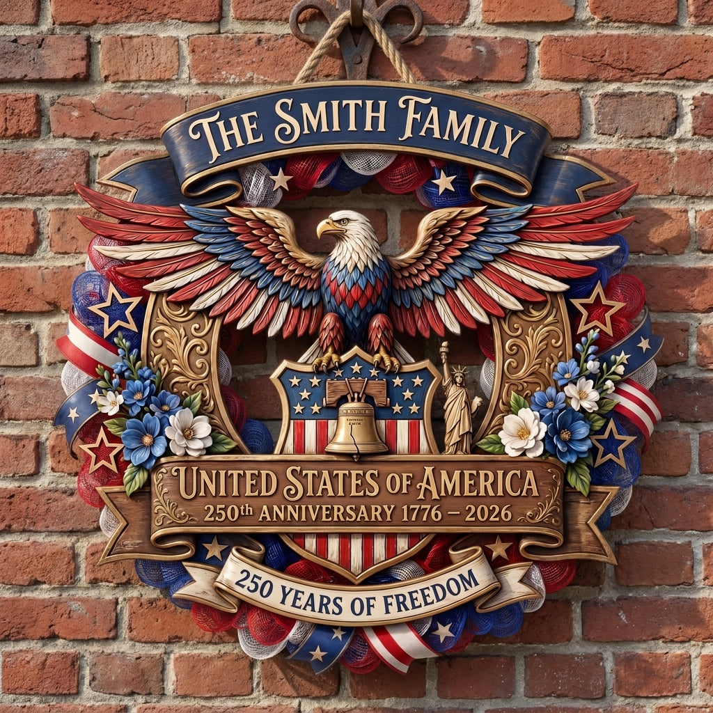 USA 250th Anniversary Wreath Personalized Custom Door Sign