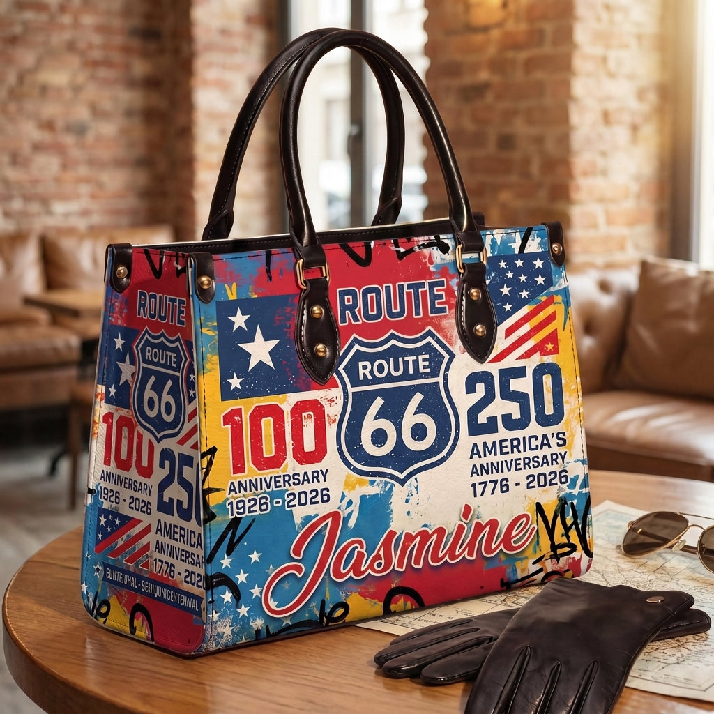 Route 66 Pop Art Personalized Leather Bag