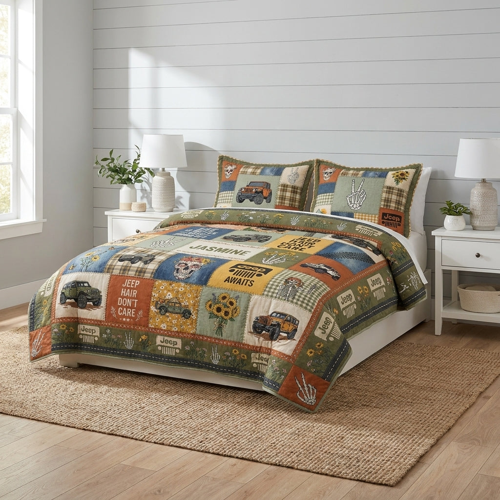 Jeep Skeleton Personalized Quilted Bedding Set