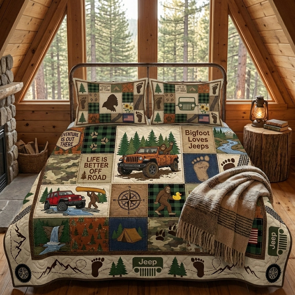 Bigfoot Loves Jeeps Personalized Quilted Bedding Set