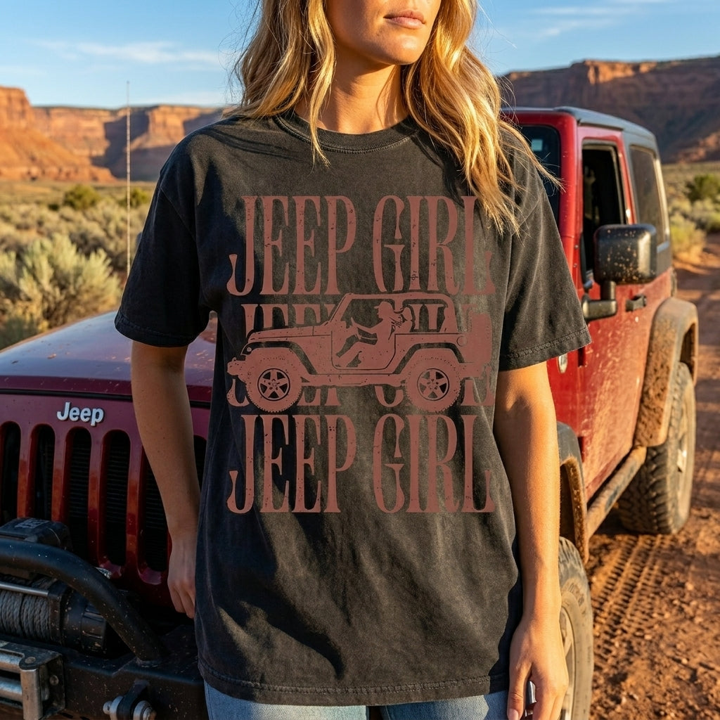 Jeep Girl Retro Washed Cotton T-Shirt