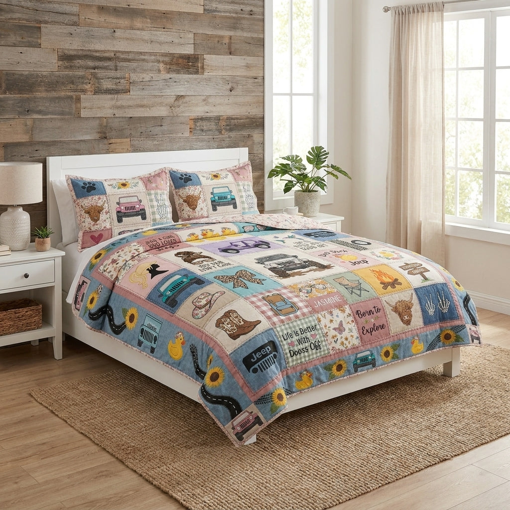 Highland Jeep Personalized Quilted Bedding Set
