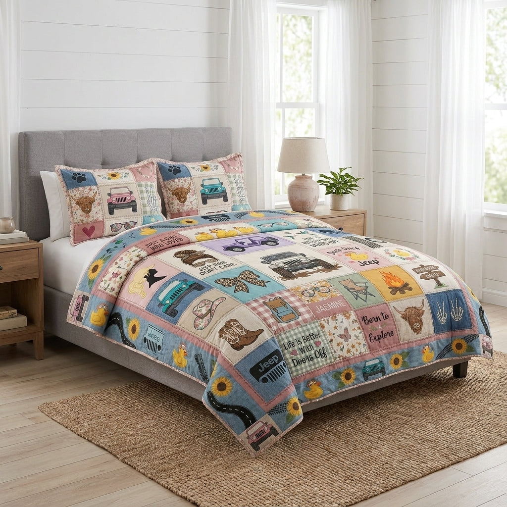 Highland Jeep Personalized Quilted Bedding Set