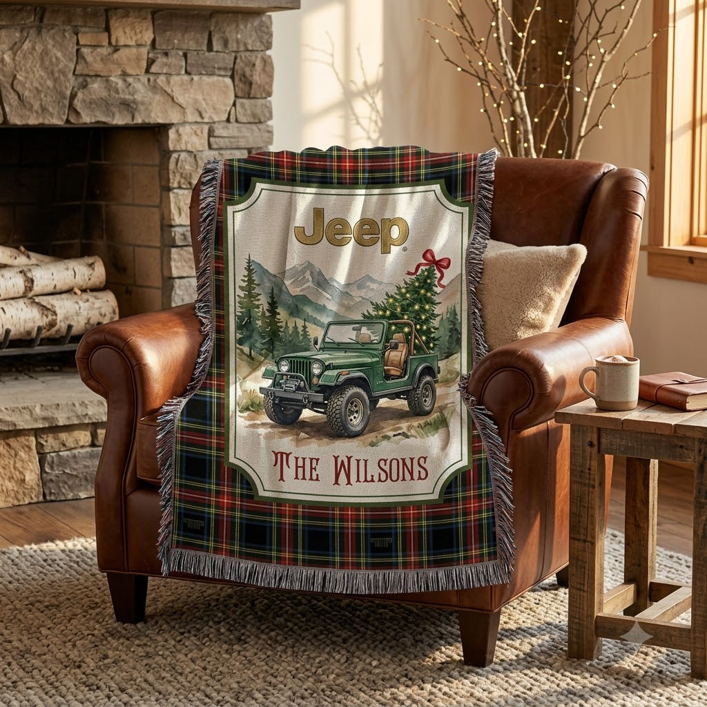 Xmas Jeep Personalized Woven Blanket