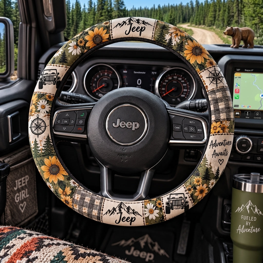 Sunflower, Daisy & Mountain Adventure Floral Jeep Steering Wheel Cover