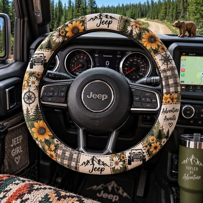 Sunflower, Daisy & Mountain Adventure Floral Jeep Steering Wheel Cover