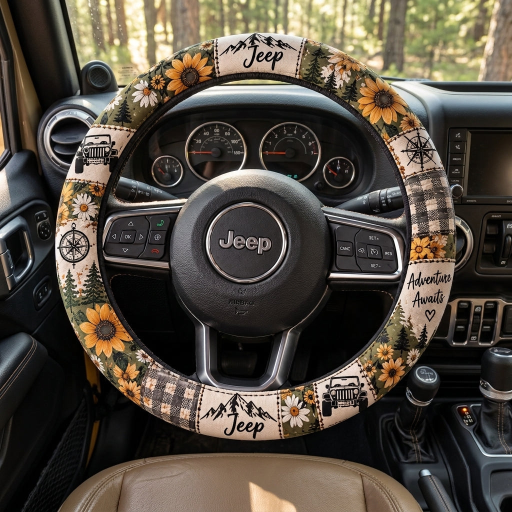 Sunflower, Daisy & Mountain Adventure Floral Jeep Steering Wheel Cover