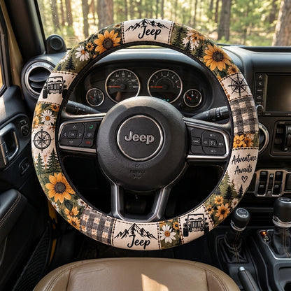 Sunflower, Daisy & Mountain Adventure Floral Jeep Steering Wheel Cover
