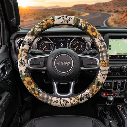 Sunflower, Daisy & Mountain Adventure Floral Jeep Steering Wheel Cover