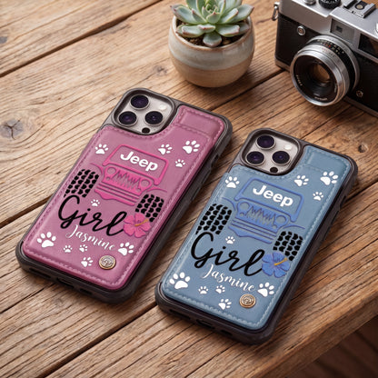 Jeep Girl Paw Personalized Leather Flip Wallet Phone