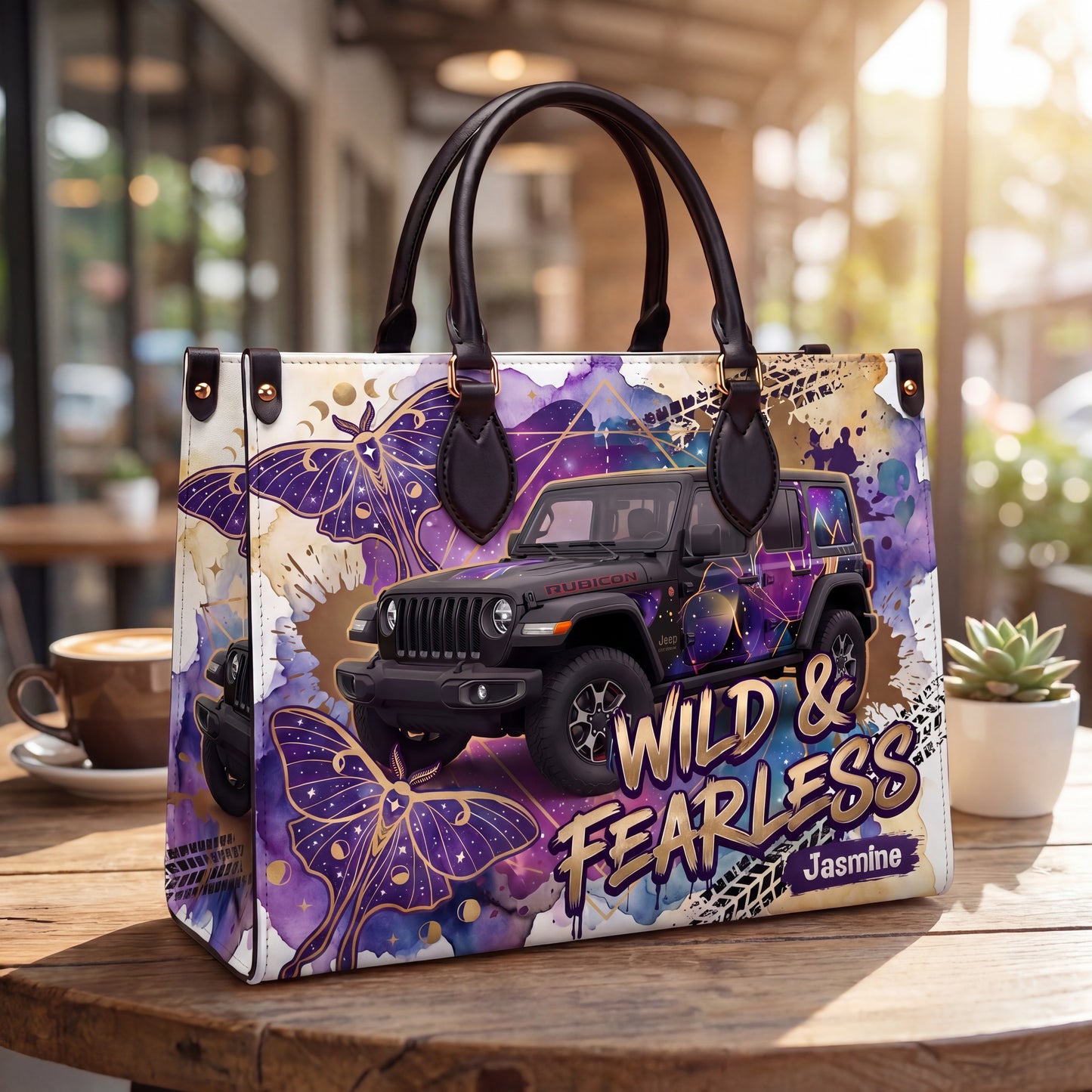 Wild & Fearless Purple Butterfly Jeep Personalized Leather Bag + FREE Wallet