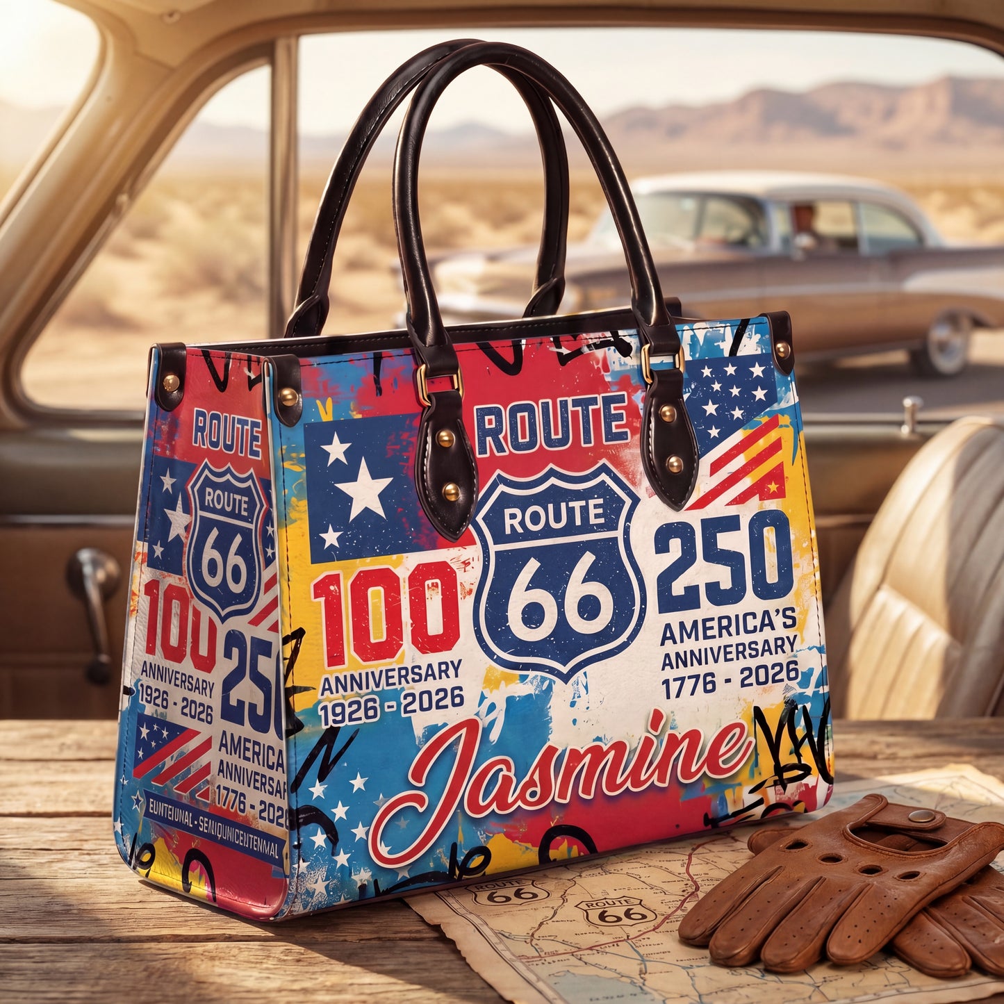 Route 66 Pop Art Personalized Leather Bag