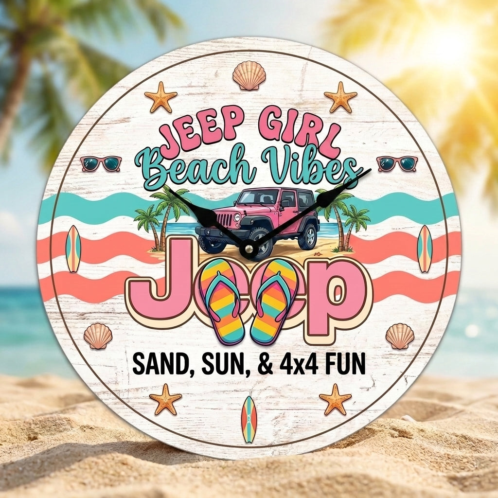 Jeep Girl Beach Vibe Wooden Clock