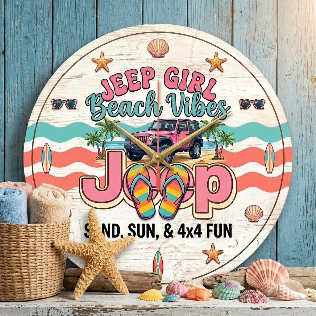 Jeep Girl Beach Vibe Wooden Clock