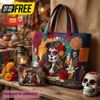 Love Never Dies Rose Skull Lady Personalized Quilted Tote Bag & Free-Motion Embroidery Wallet Set