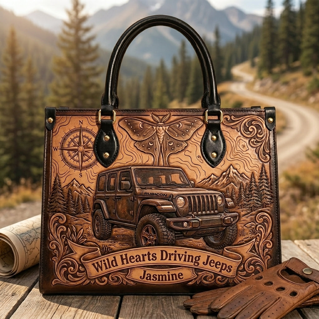 Wild Hearts Driving Jeep Personalized Leather Bag + Free Wallet