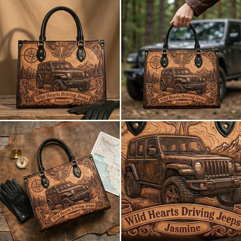 Wild Hearts Driving Jeep Personalized Leather Bag + Free Wallet