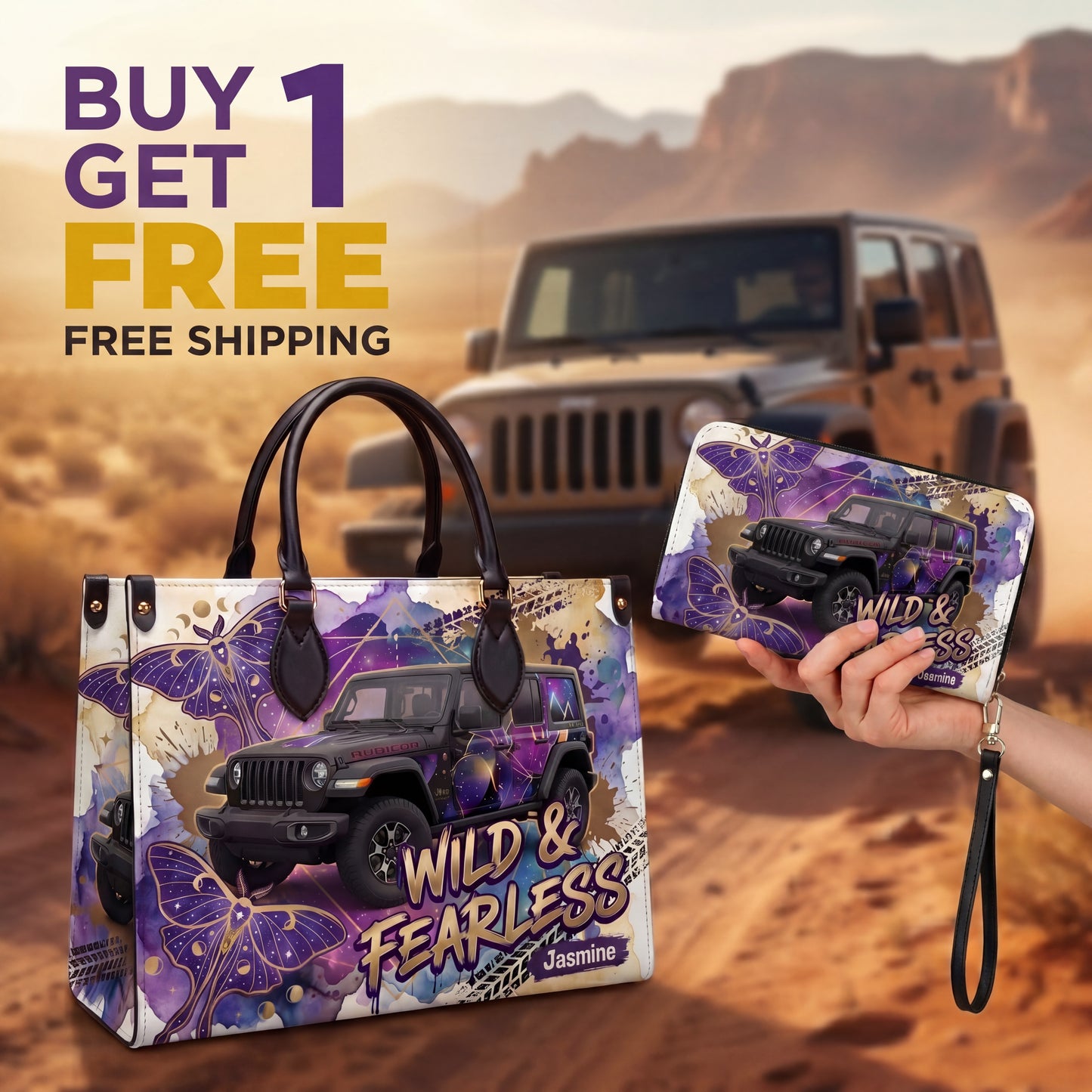 Wild & Fearless Purple Butterfly Jeep Personalized Leather Bag + FREE Wallet